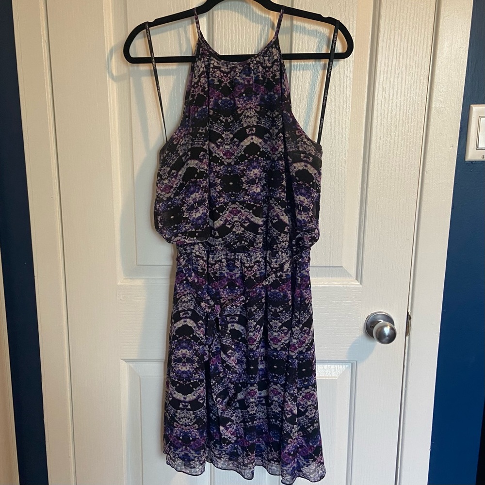 GUESS brand - Size 12 - black and purple patterned dress with gathered waist.
